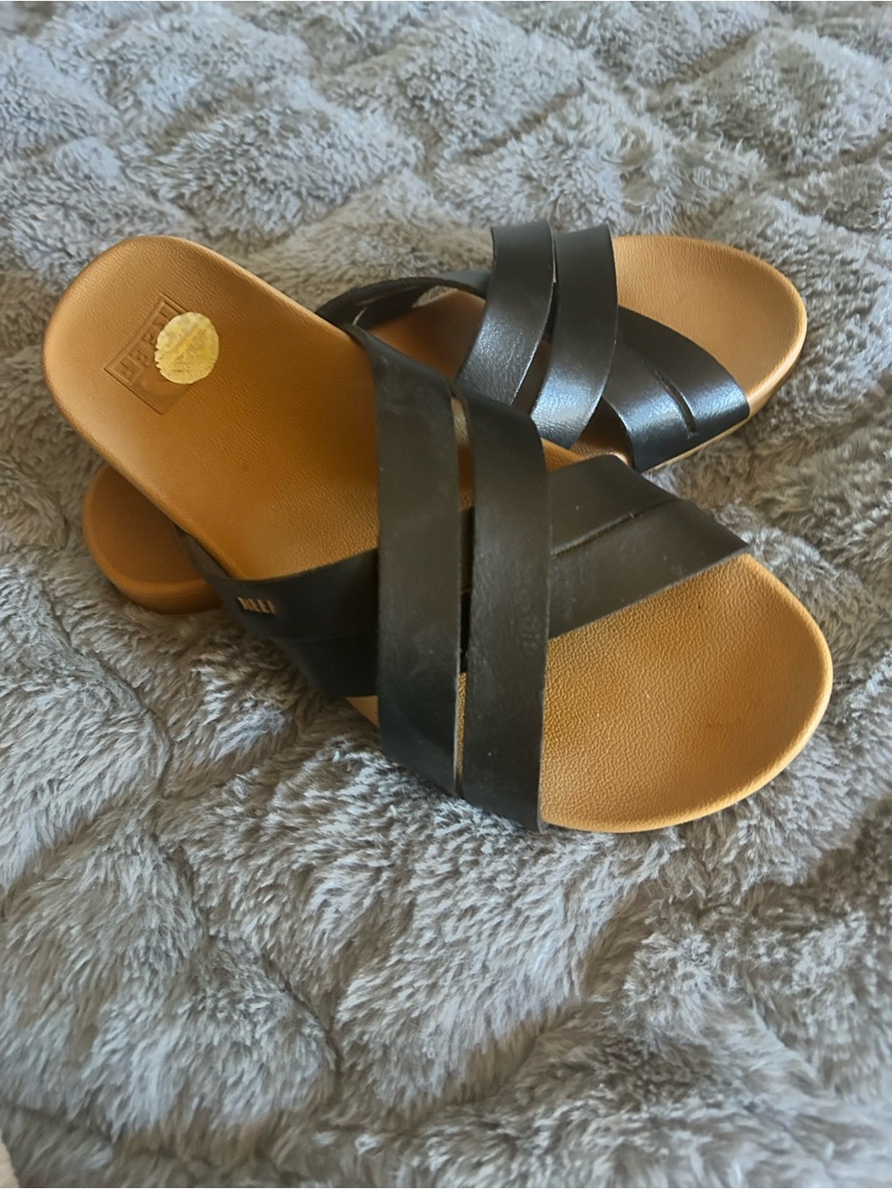 Reef Women's Black Crisscross Slide Sandals with Brown Footbed